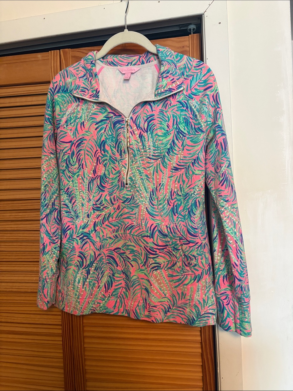 Lilly Pulitzer Pink & Teal Palm-Print Half-Zip Pullover